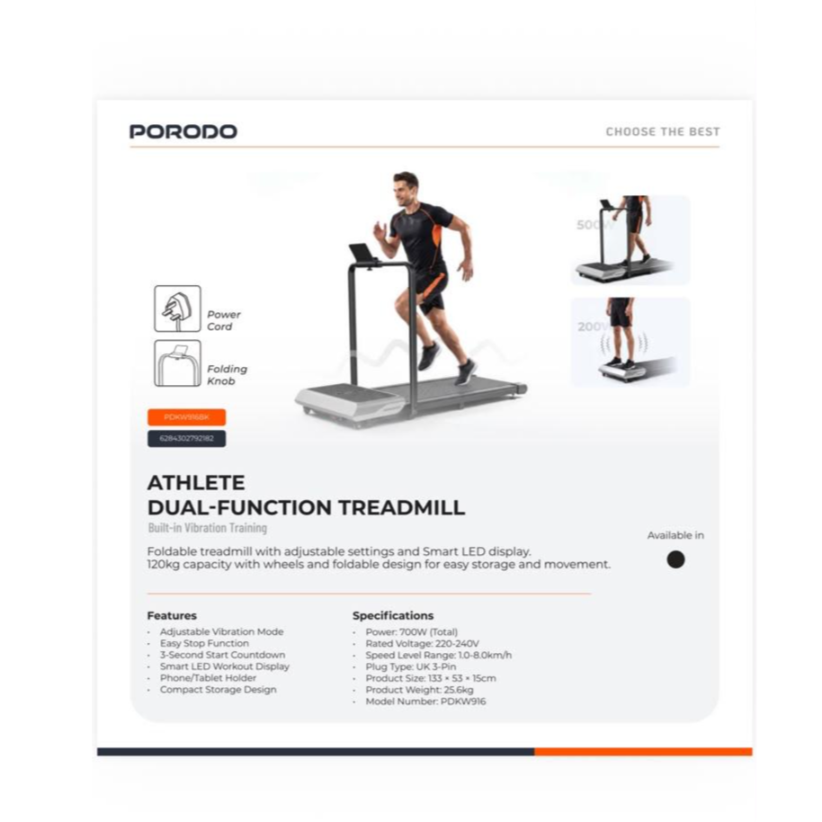 Porodo Athlete Dual-Function Treadmill with Built-in Vibration Training, Black