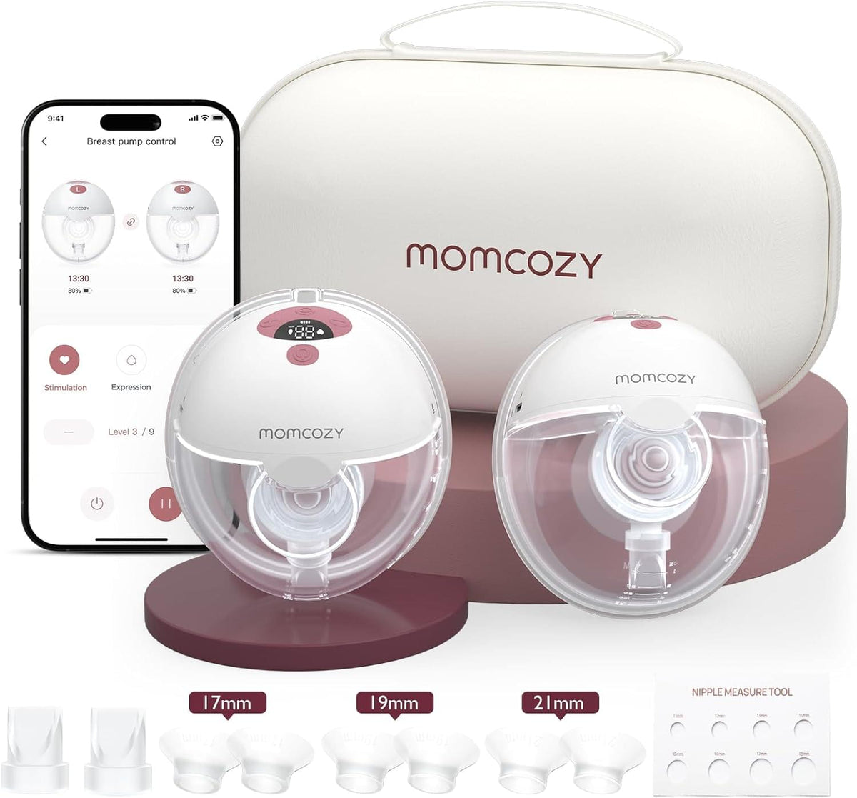 Momcozy M5 Smart Wearable Breast Pump with App Control, Maroon