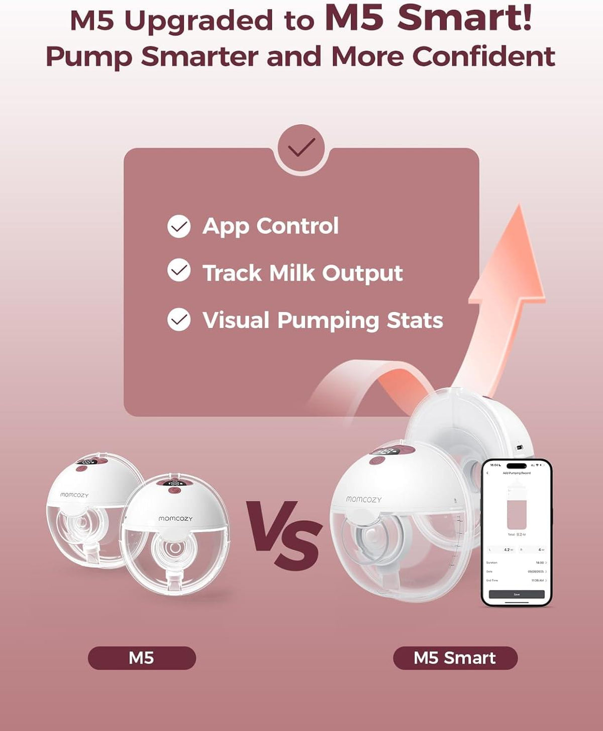Momcozy M5 Smart Wearable Breast Pump with App Control, Maroon - view 4