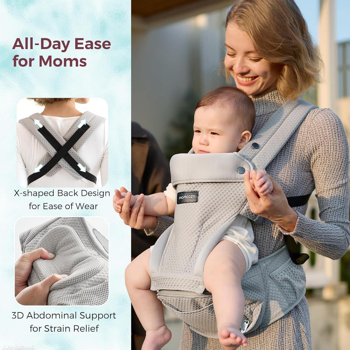 Momcozy 2-in-1 Hip Seat Baby Carrier, Grey - view 3