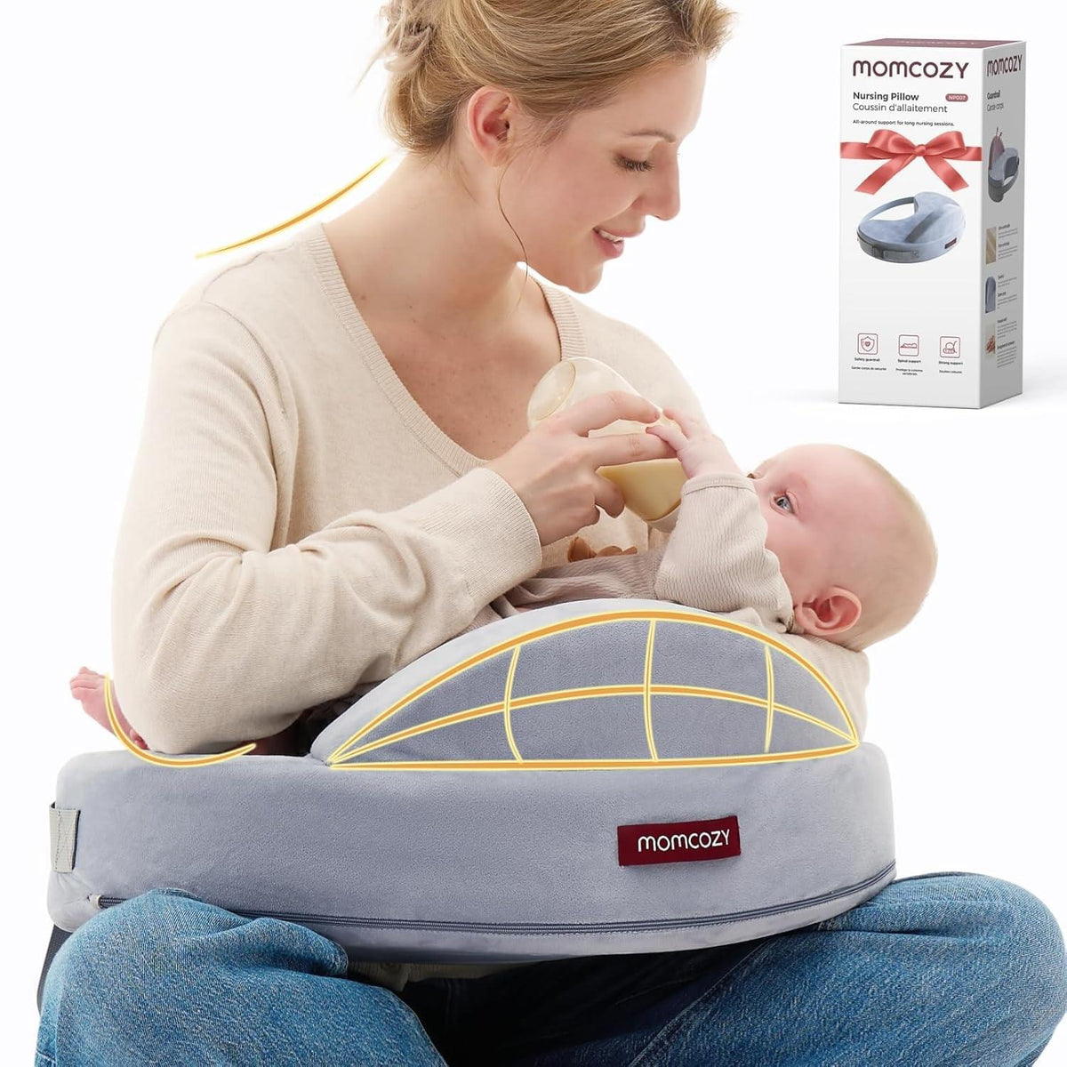 Momcozy Memory Foam Nursing Pillow with Waist Belt, Grey
