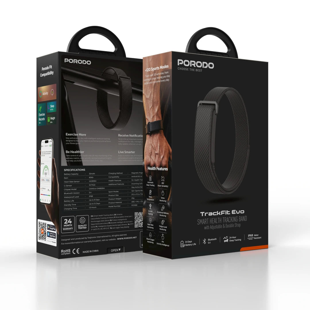 Porodo TrackFit Evo Smart Health Tracking Band, Black